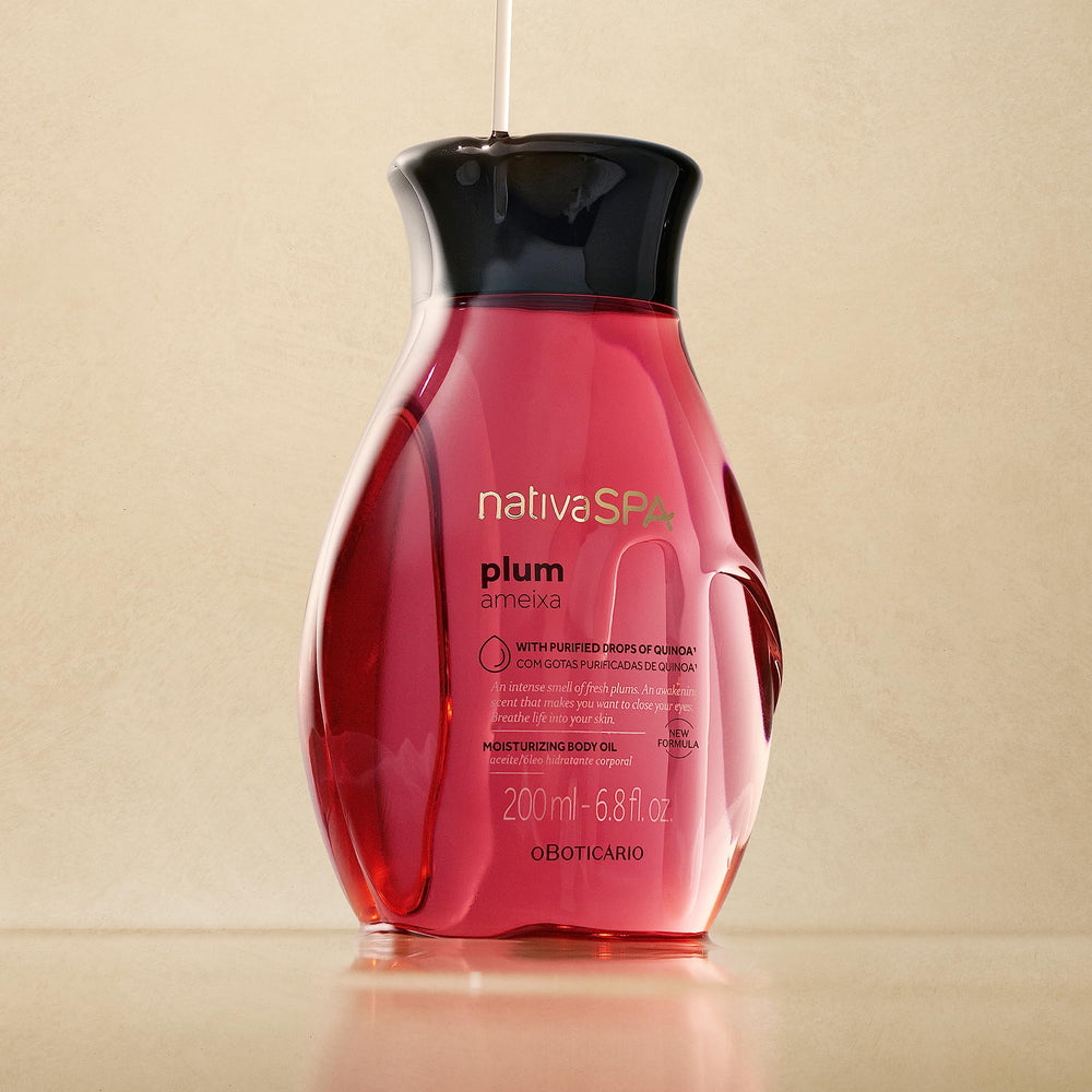 Pour action of NATIVA SPA Plum Body Oil emphasizes easy application