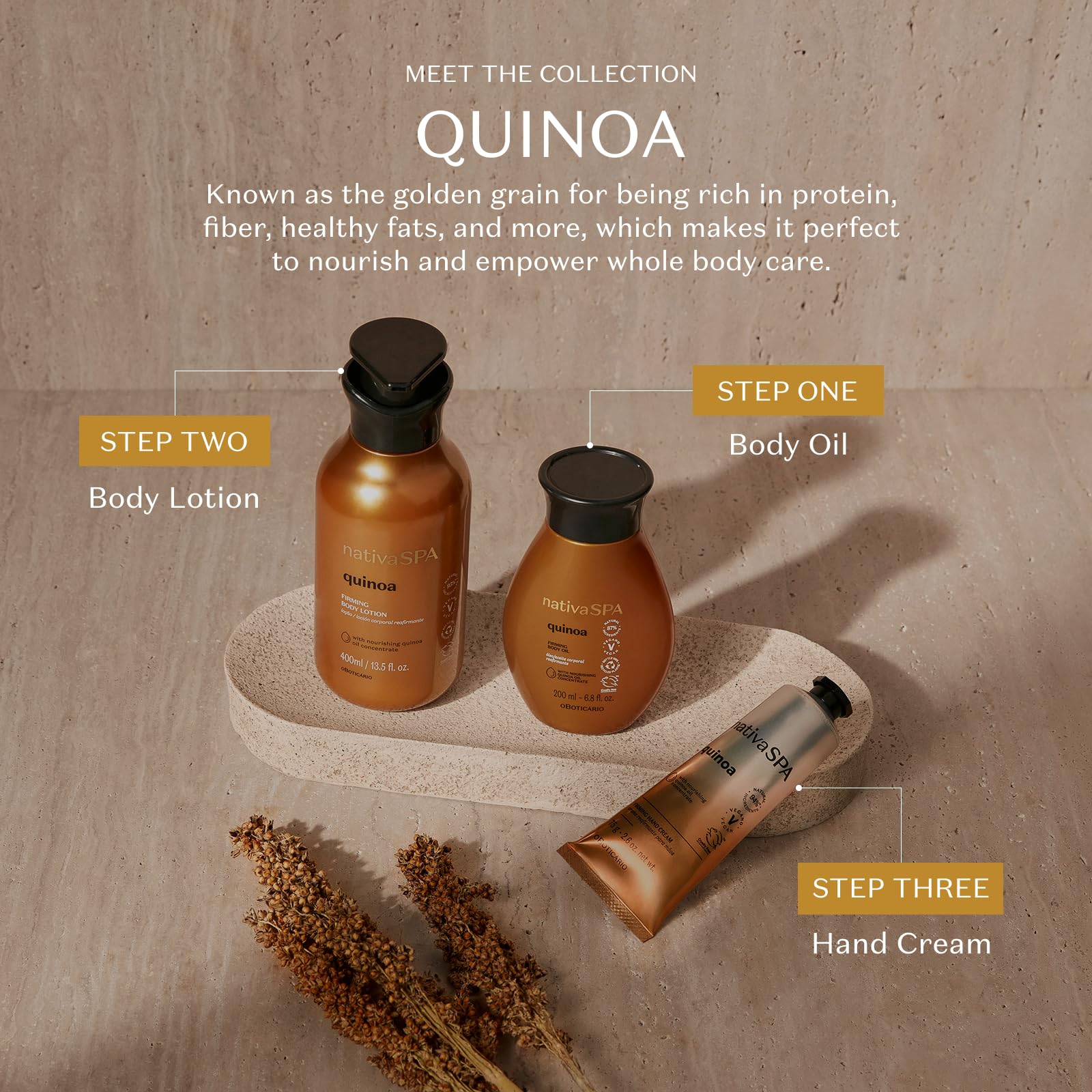 Packaging image showing vegan Brazil-made formula of Nativa Spa Quinoa Oil