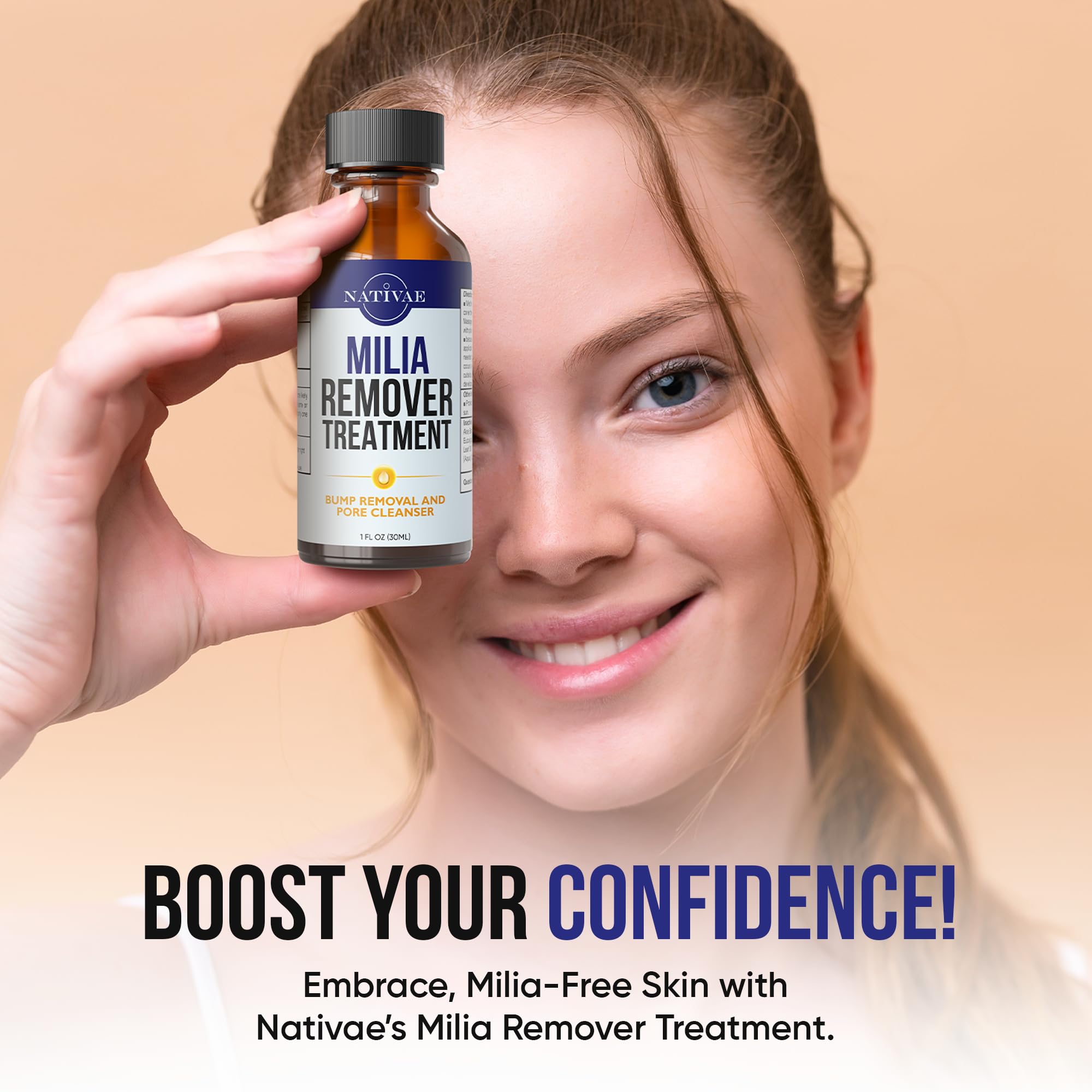 Nativae Milia Remover eye area closeup demonstrates soothing formula for sensitive skin.