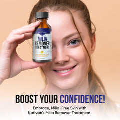 Nativae Milia Remover eye area closeup demonstrates soothing formula for sensitive skin.