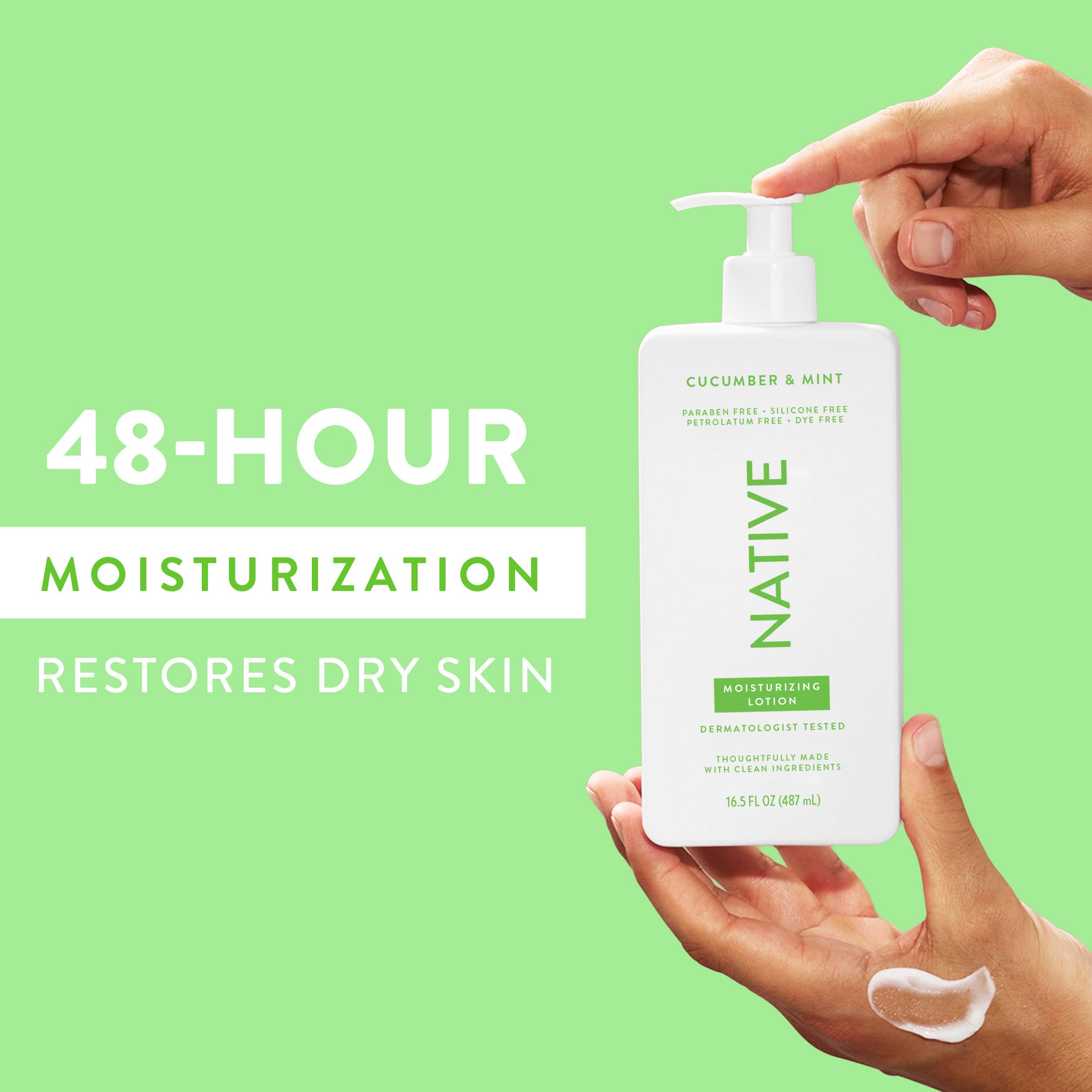 Native Body Lotion cream on arm demonstrates quick-absorption moisturization.