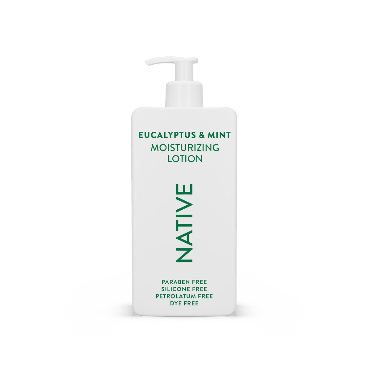 Native Body Lotion bottle highlights eucalyptus mint for refreshing hydration.