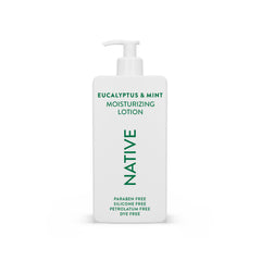 Native Body Lotion bottle highlights eucalyptus mint for refreshing hydration.