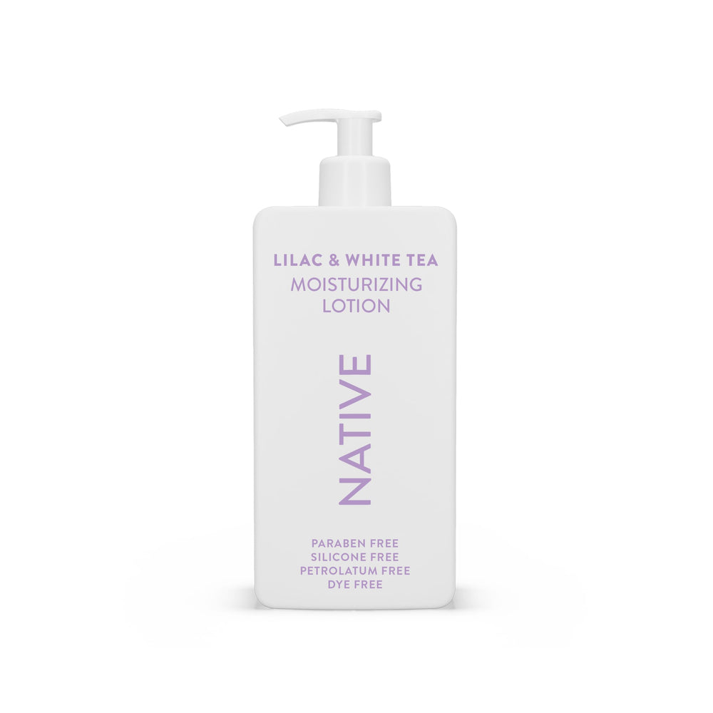 Native Body Lotion Lilac & White Tea bottle delivers plant-based hydration.