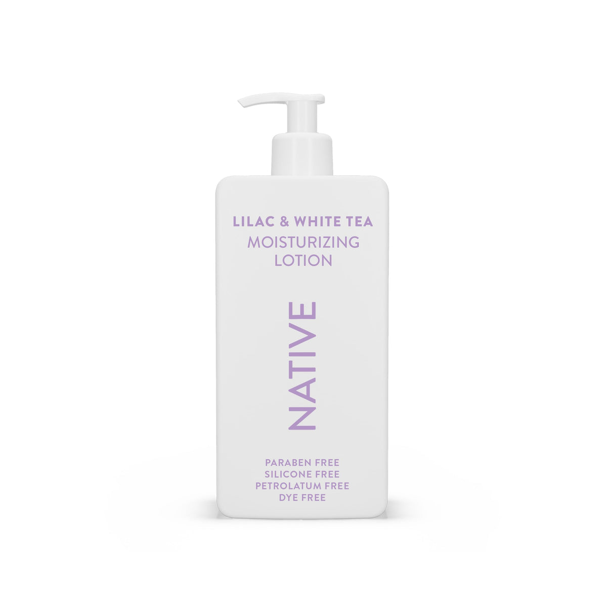 Native Body Lotion Lilac & White Tea bottle delivers plant-based hydration.