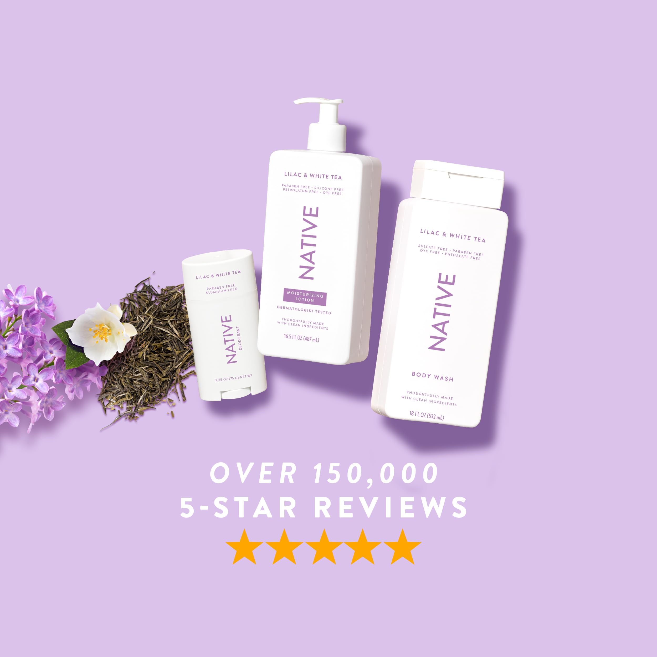 Native Body Lotion packaging shows clean, modern labeling and Lilac & White Tea.