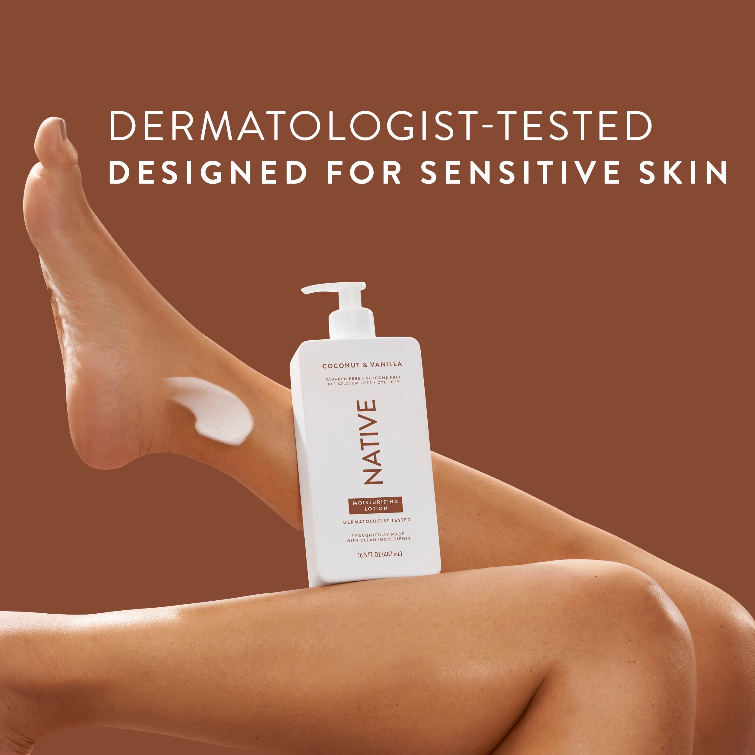 Native Body Lotion pump bottle in use, easy, mess-free application.