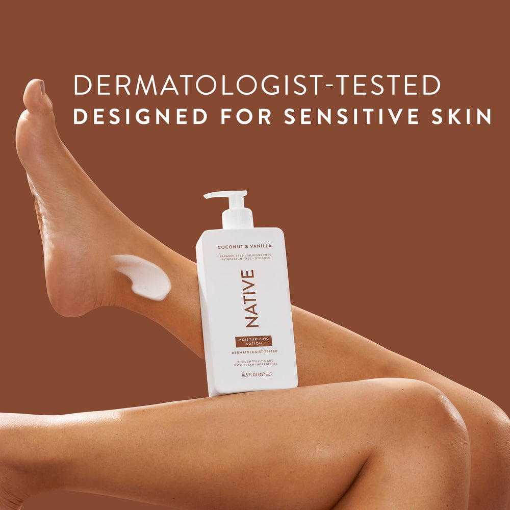 Native Body Lotion pump bottle in use, easy, mess-free application.