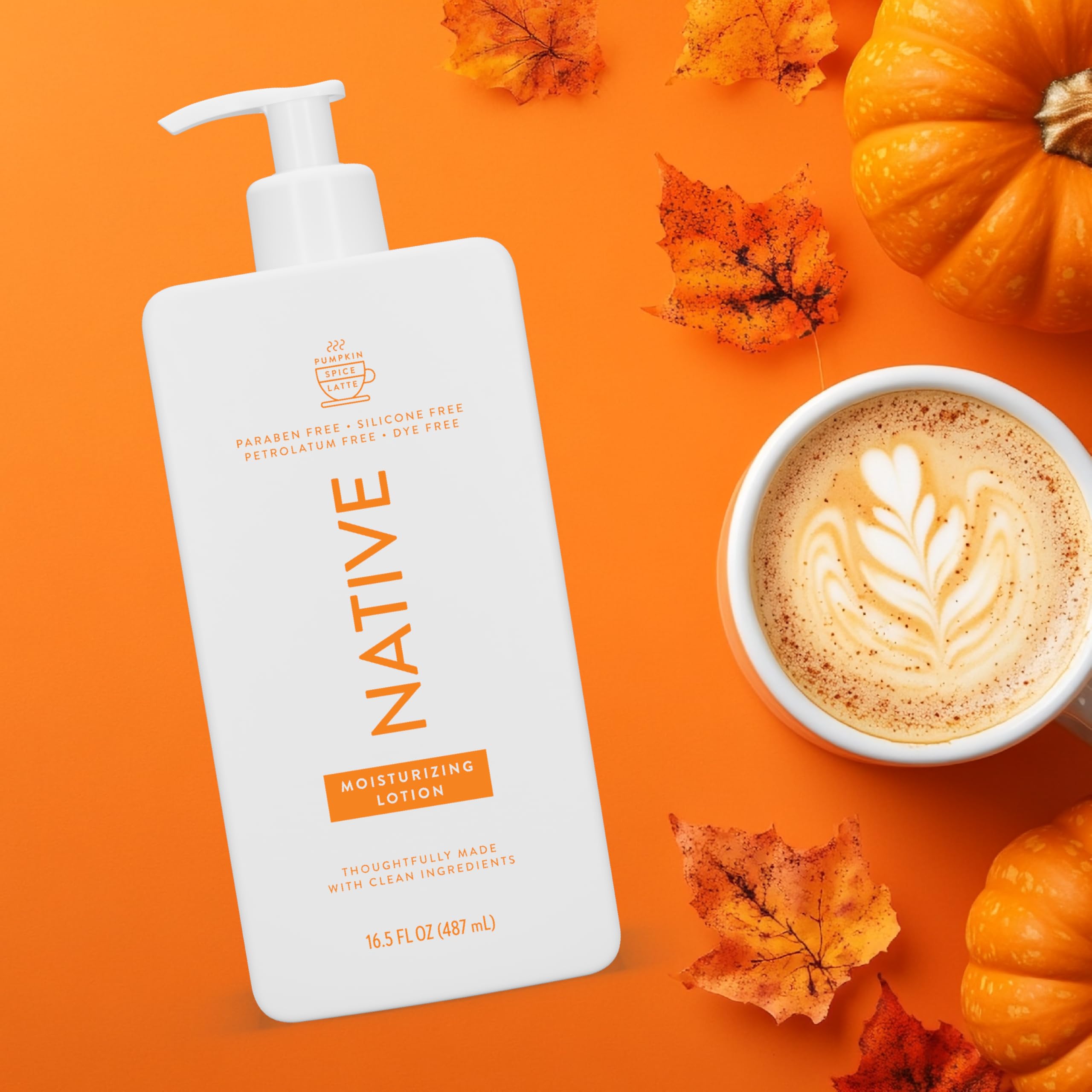 Native Body Lotion pumpkin spice latte jar close-up reveals fast-absorbing texture.