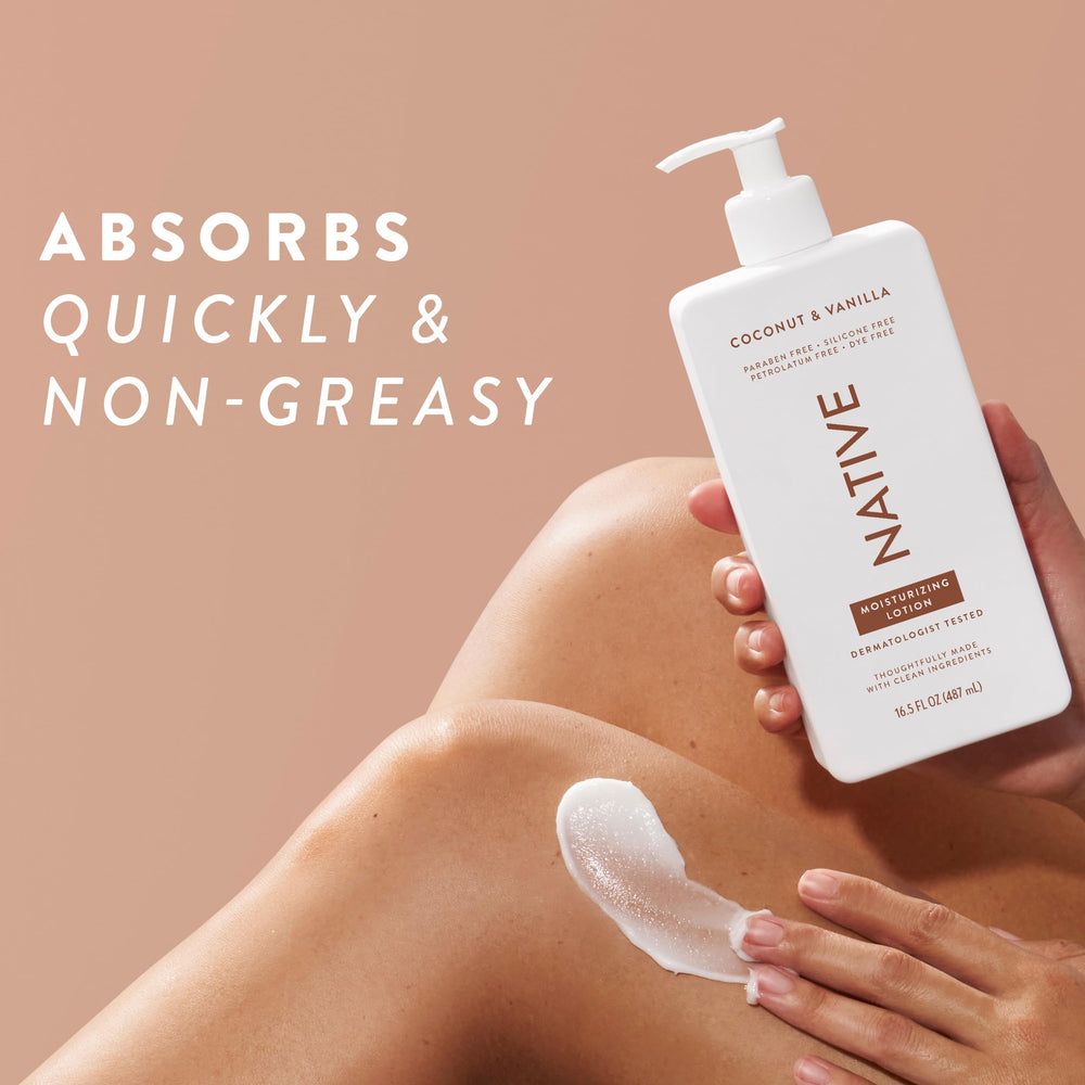 Native Body Lotion vitamin B3 and plant-based moisturizers listed on packaging.