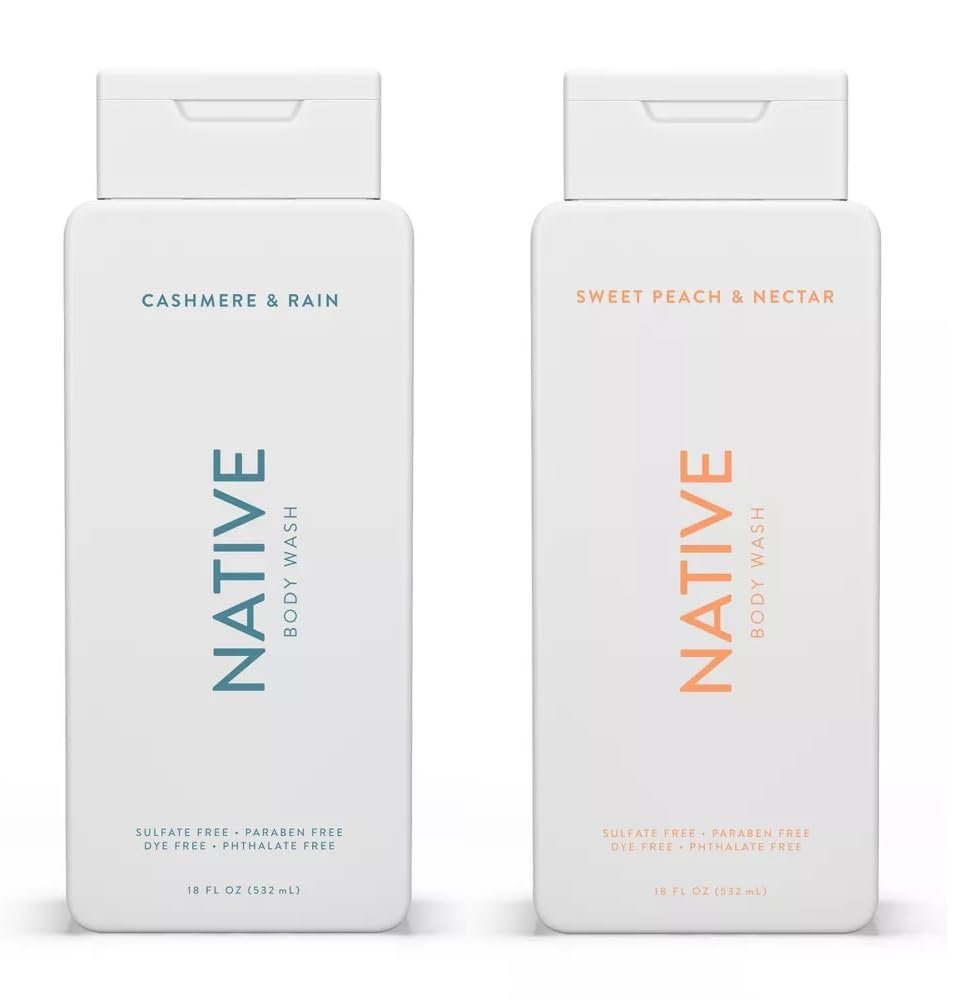 Native body wash 2-pack featuring Sweet Peach & Nectar and Cashmere & Rain for hydrating cleansing.