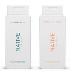 Native body wash 2-pack featuring Sweet Peach & Nectar and Cashmere & Rain for hydrating cleansing.