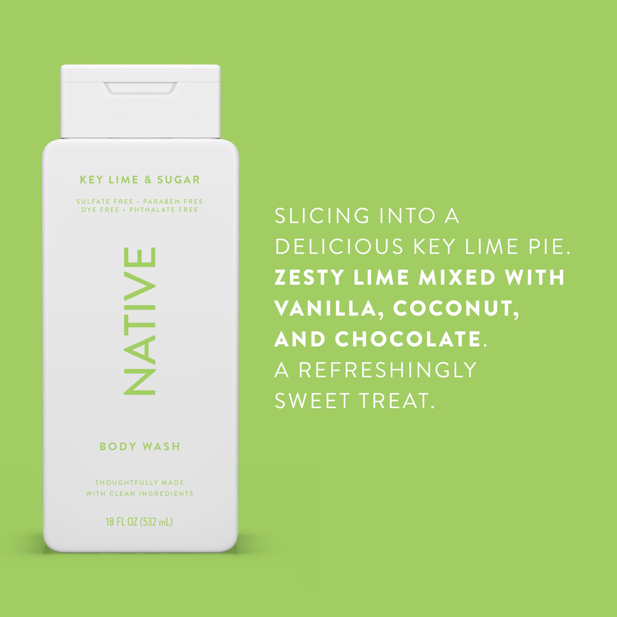 Native Body Wash Aloe & Green Tea ingredients highlighted for clean, vegan care.