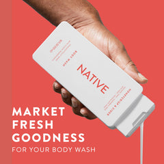 Native Body Wash in bathroom scene shows autumn scent in use.