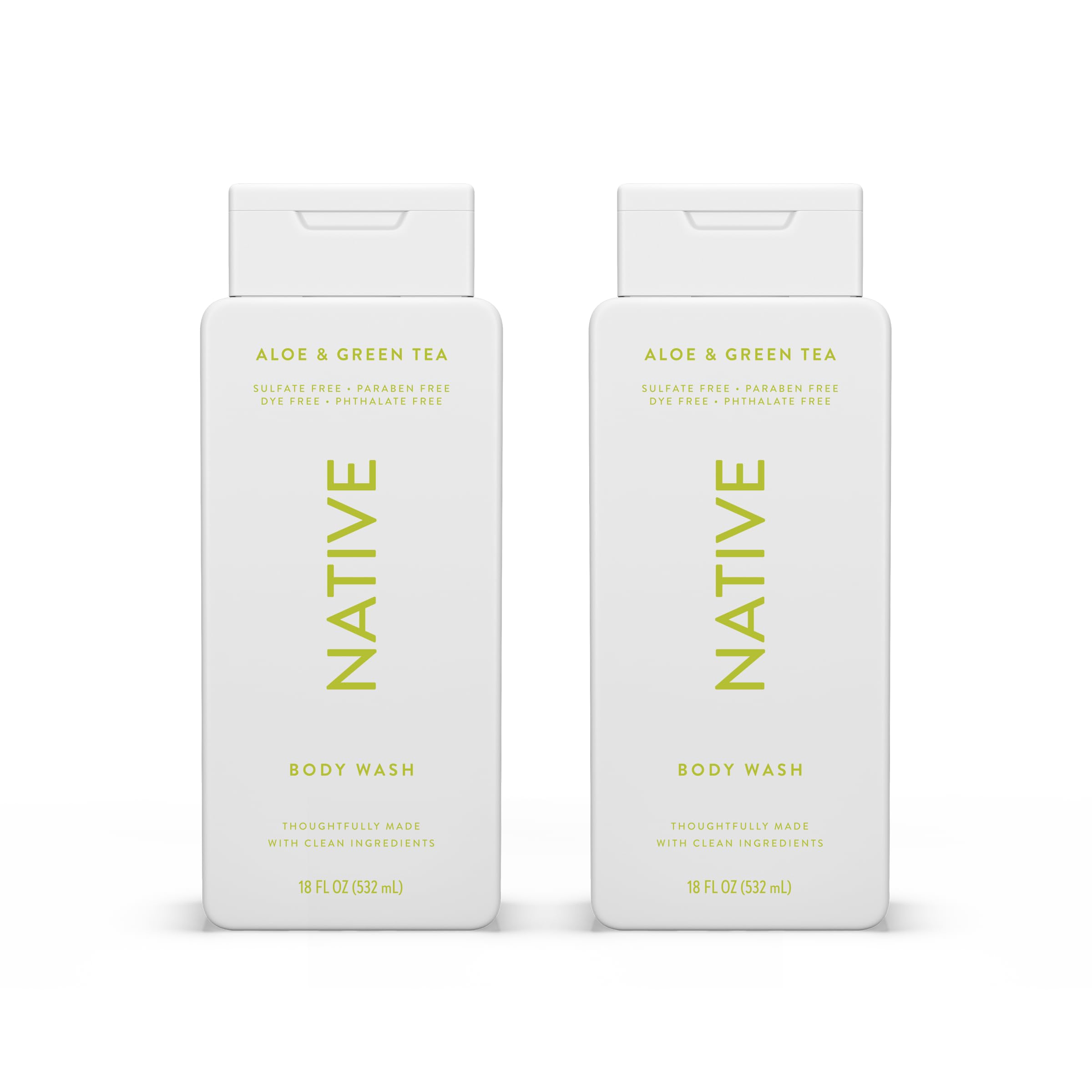 Native Body Wash bottle with Aloe & Green Tea offers gentle, hydrating cleanse.