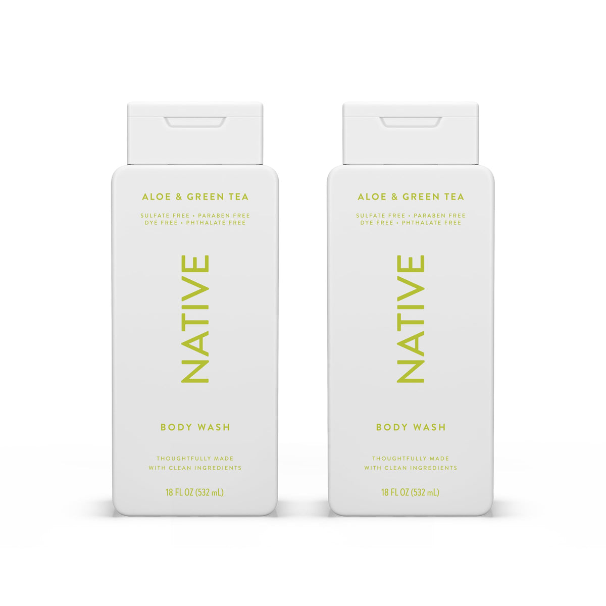 Native Body Wash bottle with Aloe & Green Tea offers gentle, hydrating cleanse.
