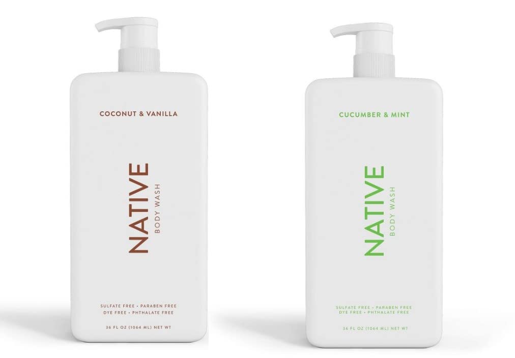 Native Body Wash coconut-vanilla bottle pump highlights a refreshing daily cleanse.