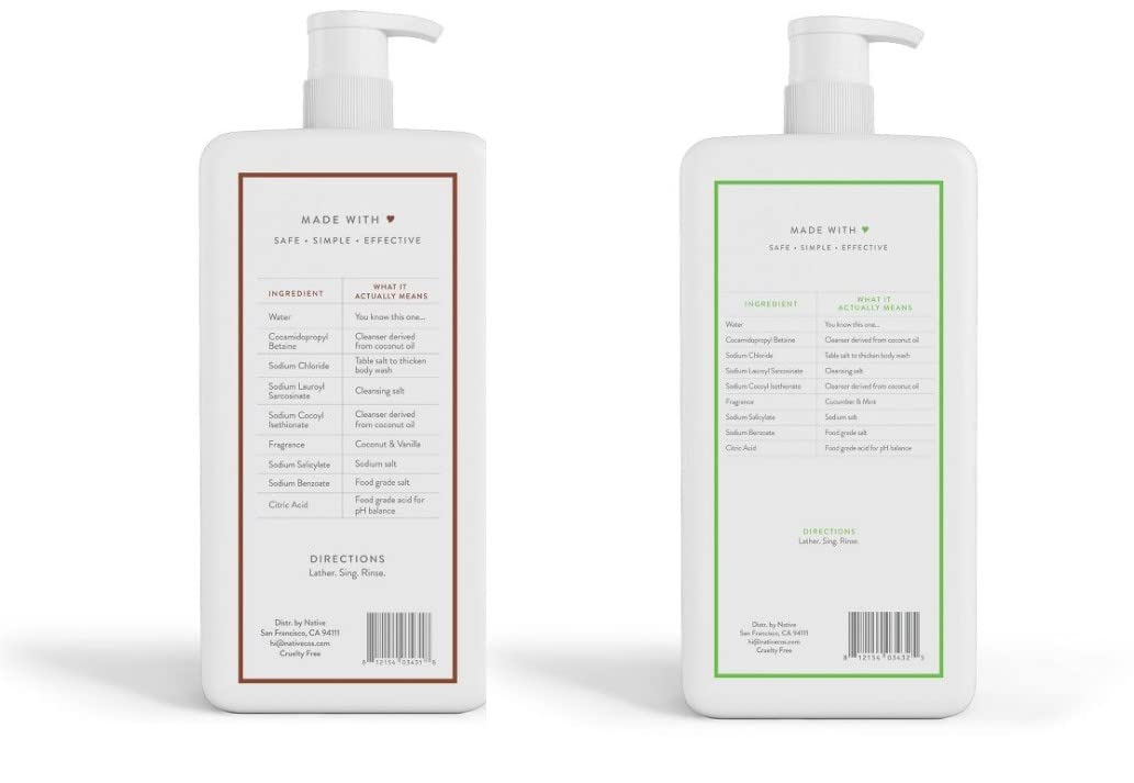 Native Body Wash coconut-vanilla label closeup emphasizes natural plant extracts.