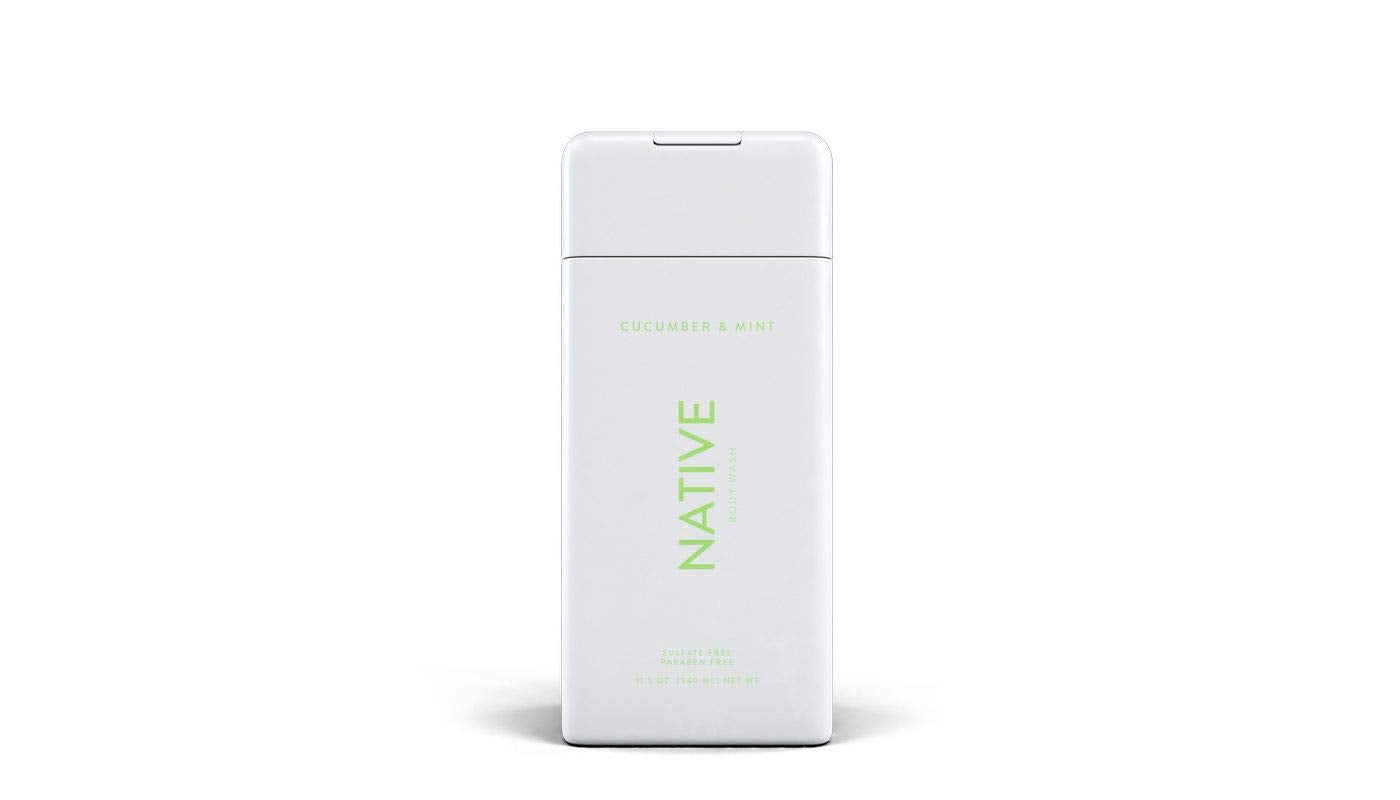 Native body wash cucumber mint bottle for refreshing cleanse and skin hydration.