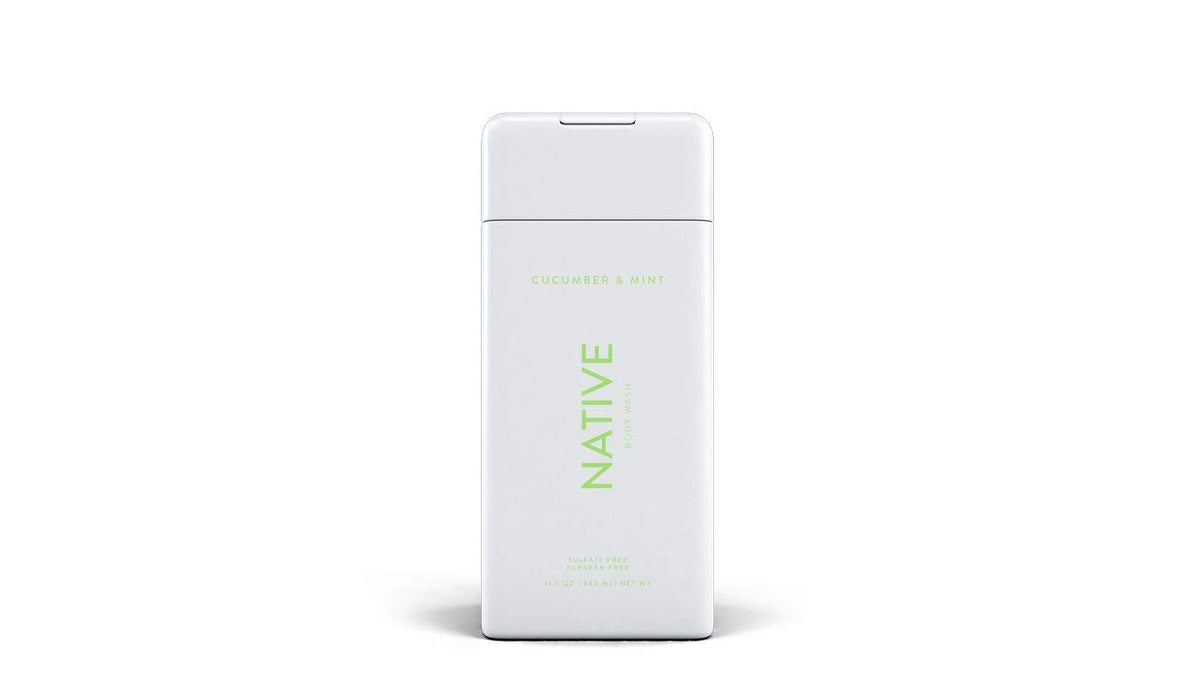 Native body wash cucumber mint bottle for refreshing cleanse and skin hydration.