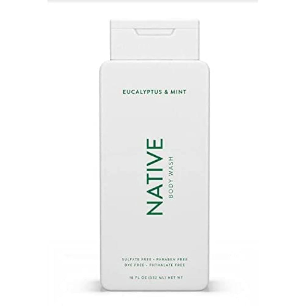 Native Body Wash Eucalyptus & Mint bottle shows hydrating formula for refreshed skin.