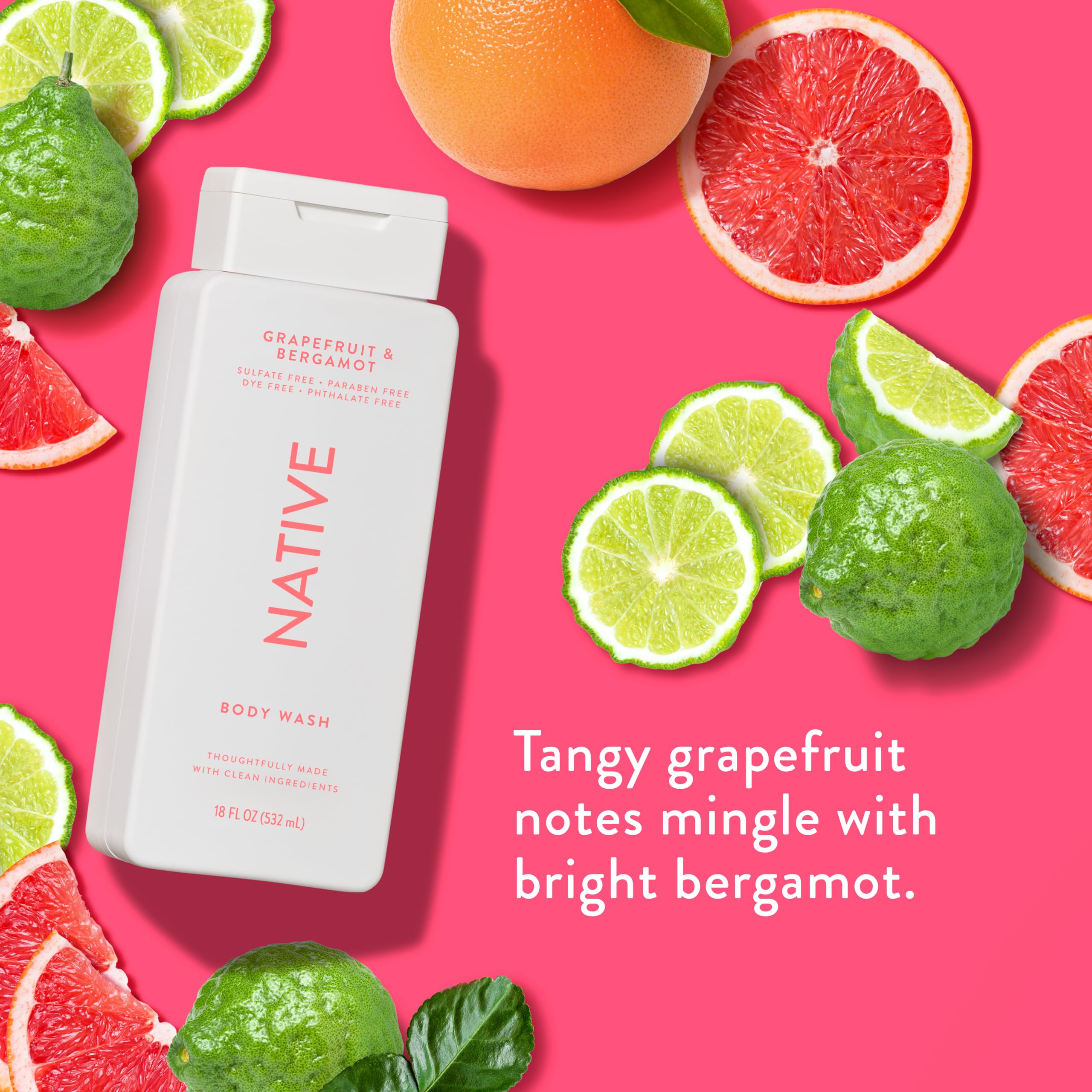 Native Body Wash Grapefruit Bergamot scent image conveys uplifting aroma