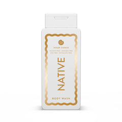 Native sugar-cookie body wash bottle with festive edition and hydrating formula.