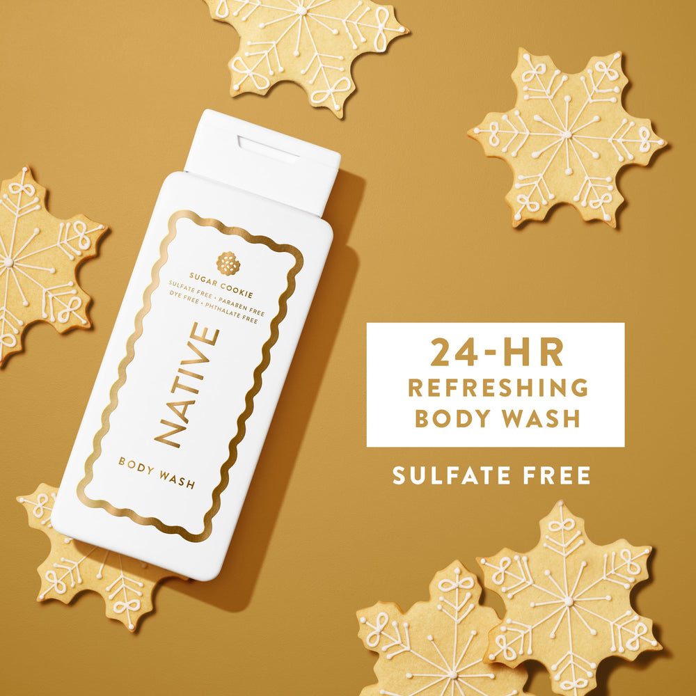 Native sugar-cookie bottle pour promotes a soothing, aromatic shower experience.