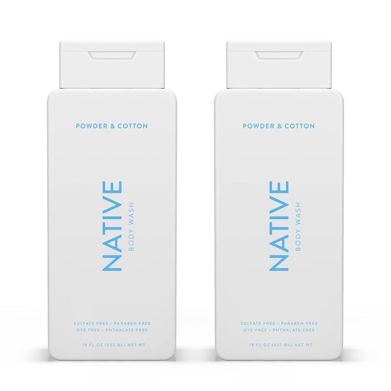 Native Body Wash powder cotton 18oz 2pk bottles promote soft, hydrated skin after shower.
