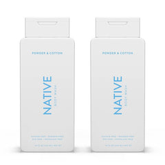 Native Body Wash powder cotton 18oz 2pk bottles promote soft, hydrated skin after shower.