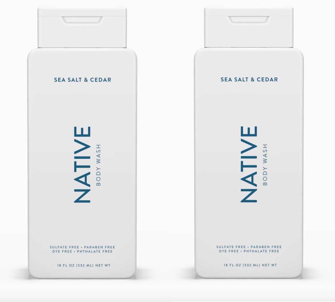 Native body wash Sea Salt Cedar bottle highlights 18 oz size for daily cleansing