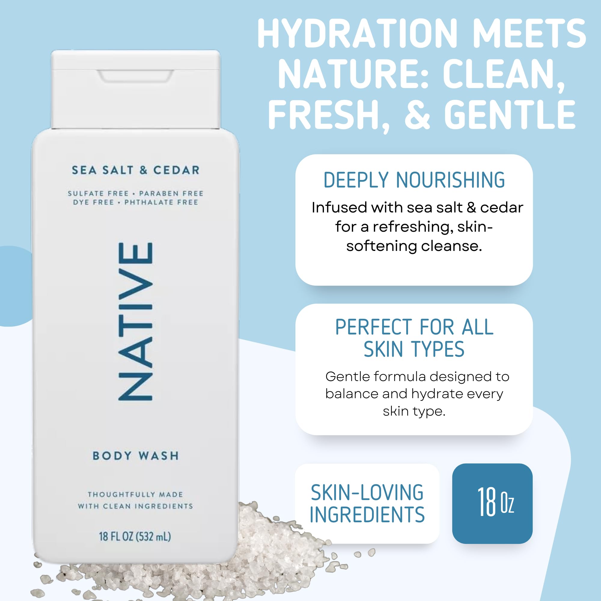 Native Body Wash Sea Salt Cedar bottle provides refreshing scent for a morning cleanse