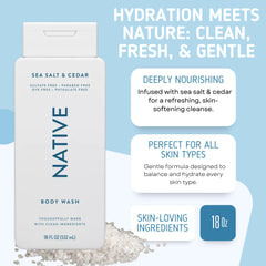 Native Body Wash Sea Salt Cedar bottle provides refreshing scent for a morning cleanse
