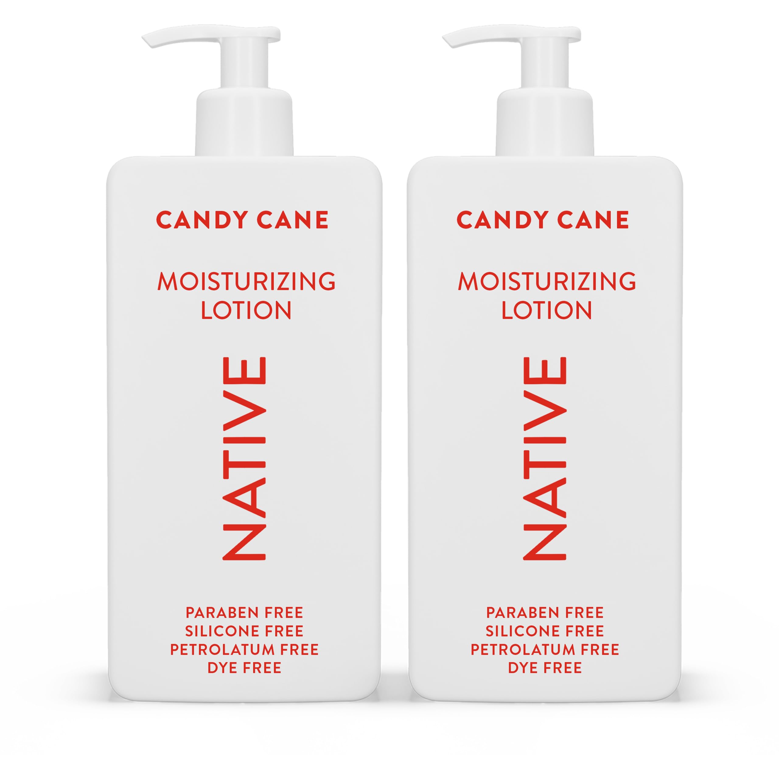 Native Candy Cane lotion bottle showing silicone-free hydration for all-day softness.