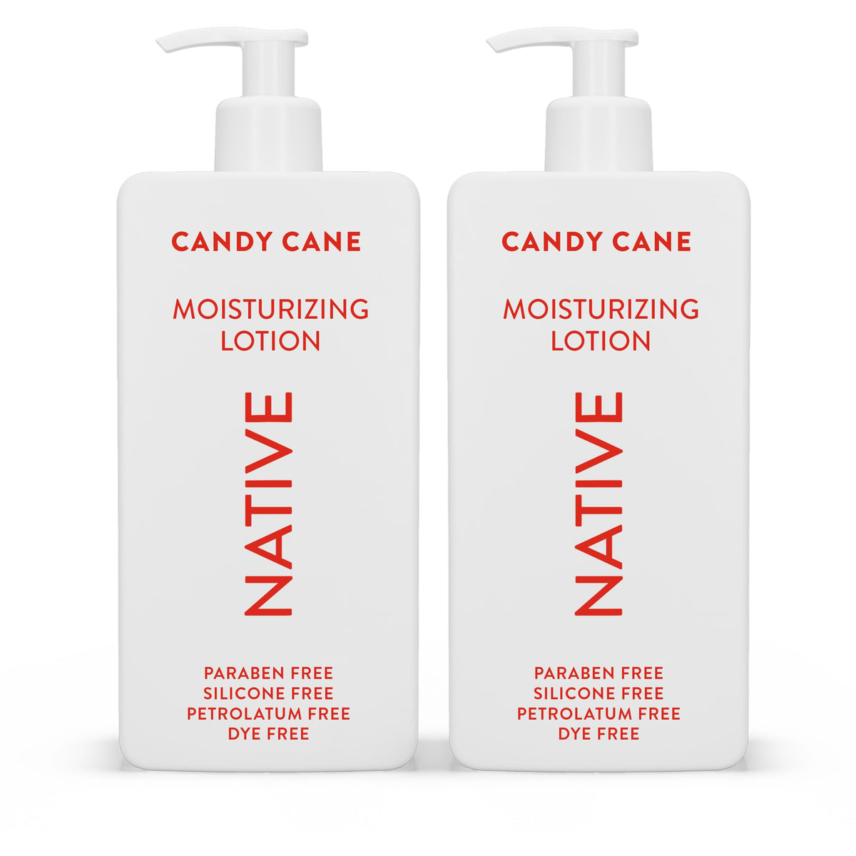 Native Candy Cane lotion bottle showing silicone-free hydration for all-day softness.