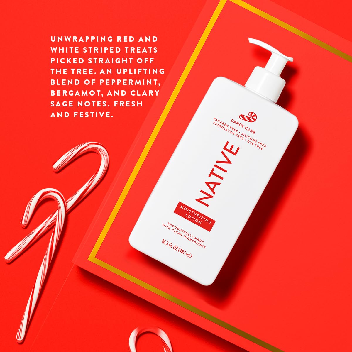 Native Candy Cane lotion texture closeup highlights creamy, fast-absorbing hydration.