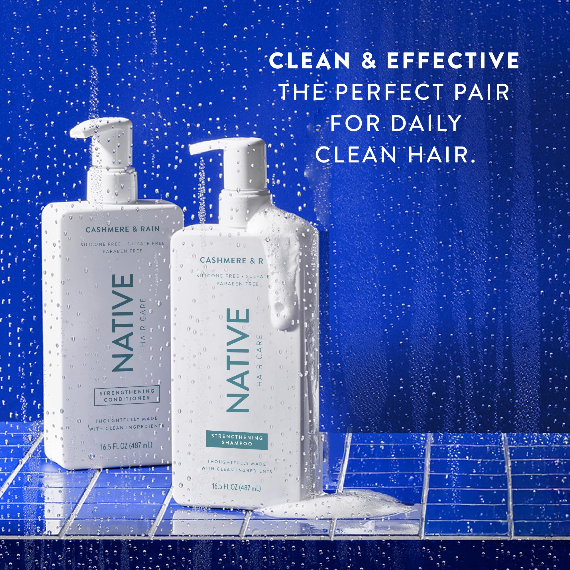Native Cashmere & Rain shampoo and conditioner in shower scene ready for everyday cleansing and conditioning.