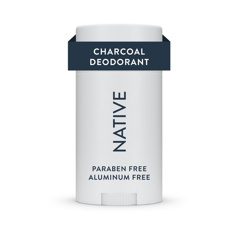 Native Charcoal Deodorant bottle closeup with ocean-fresh scent and mineral notes