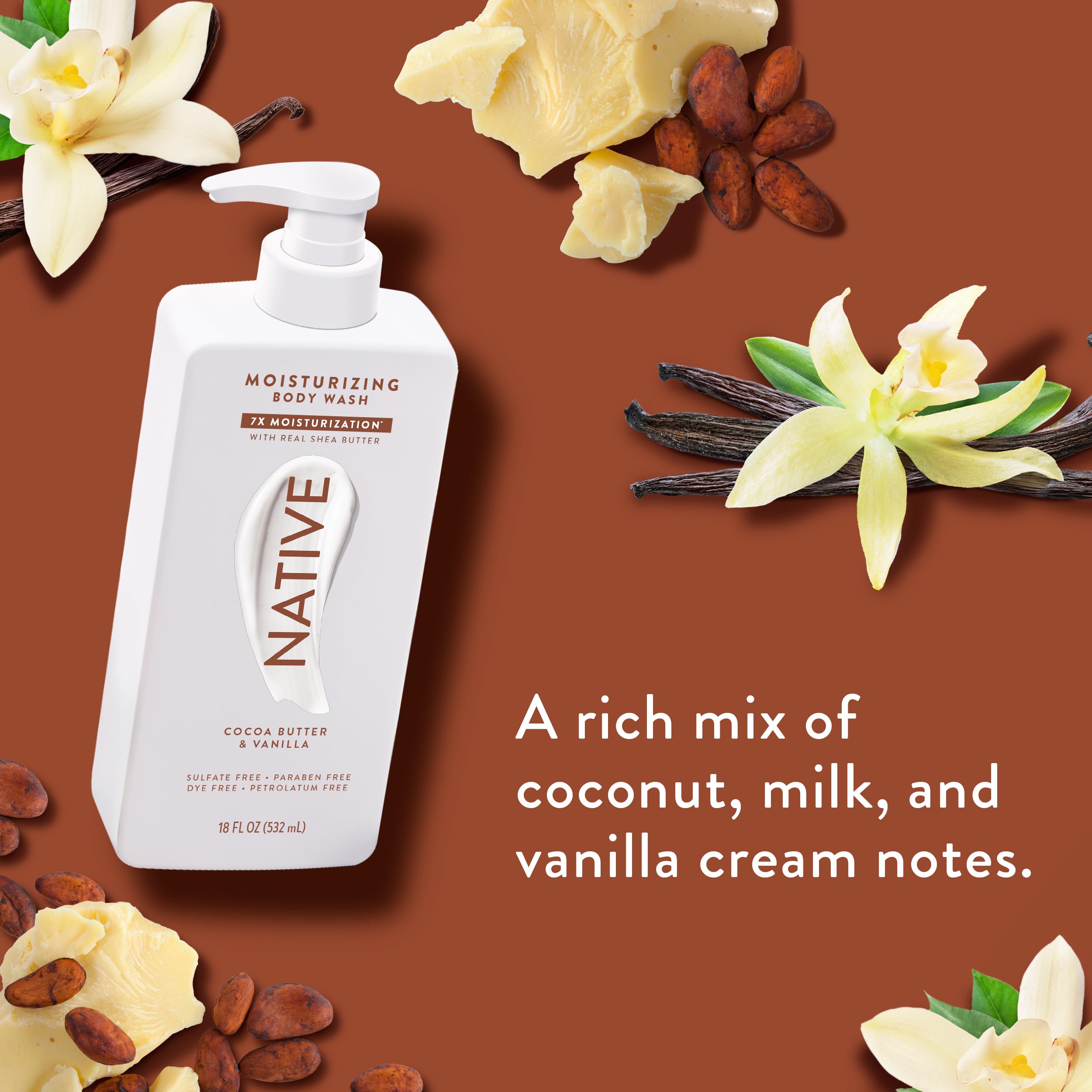 Native Cocoa Butter Vanilla fragrance evokes comforting shower experience