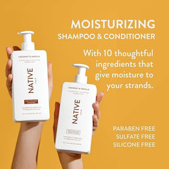 Native Coconut & Vanilla conditioner bottle highlighting moisturizing formula for frizz control.