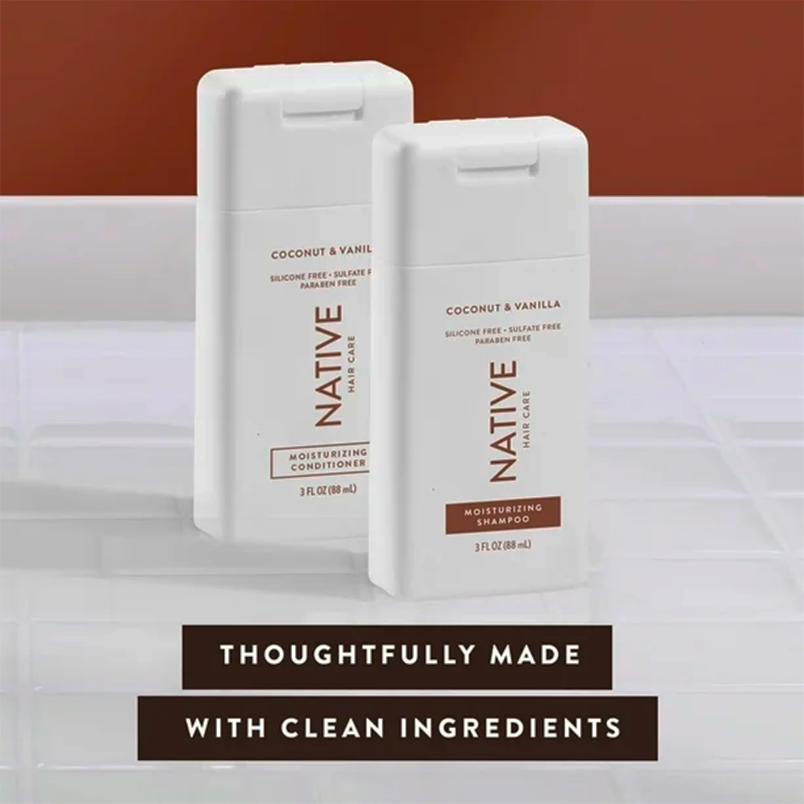 Native Coconut & Vanilla Mini shampoo ingredients graphic highlighting sourcing