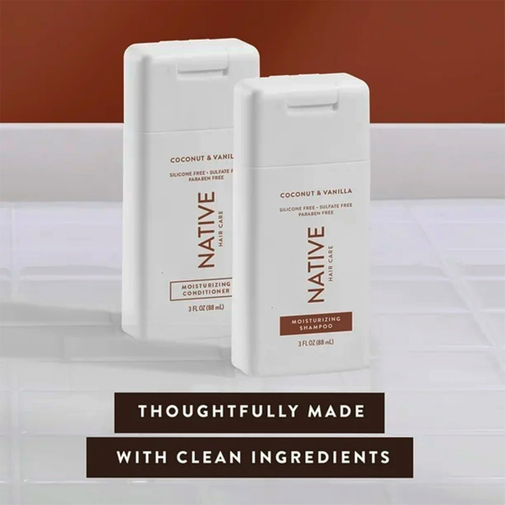 Native Coconut & Vanilla Mini shampoo ingredients graphic highlighting sourcing