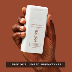 Native Coconut & Vanilla Mini shampoo pour shot showing easy dosing for travel