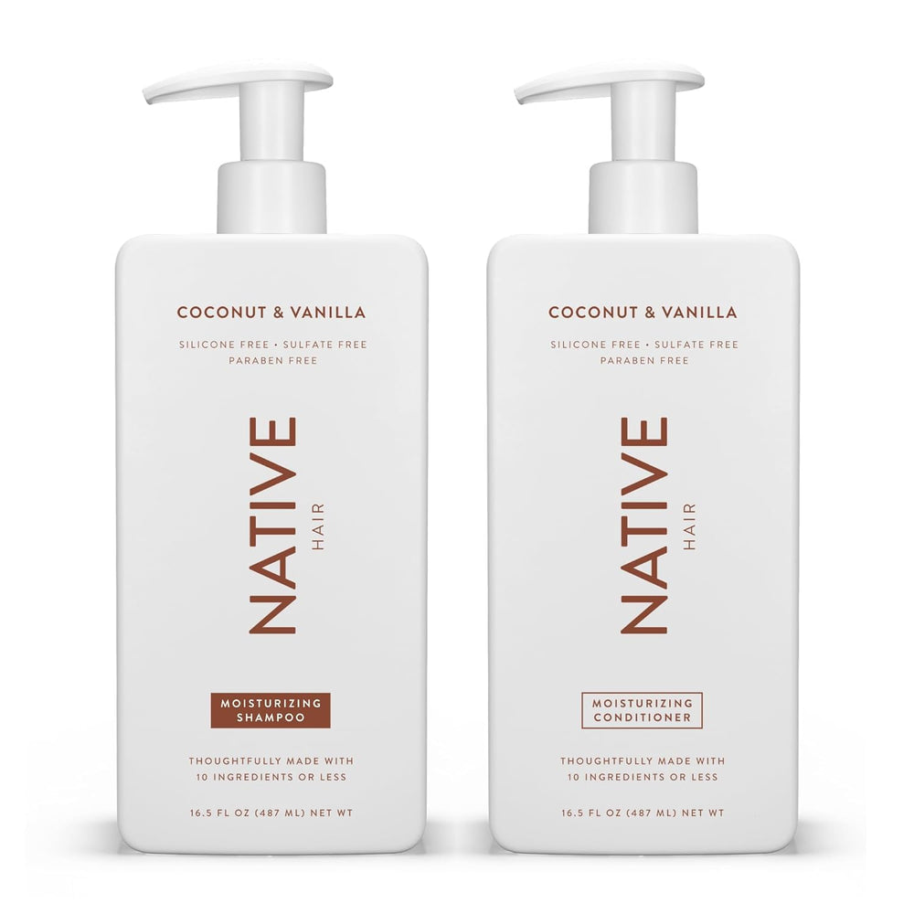 Native Coconut & Vanilla shampoo bottle showing gentle cleansing for all hair types.