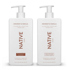 Native Coconut & Vanilla shampoo bottle showing gentle cleansing for all hair types.
