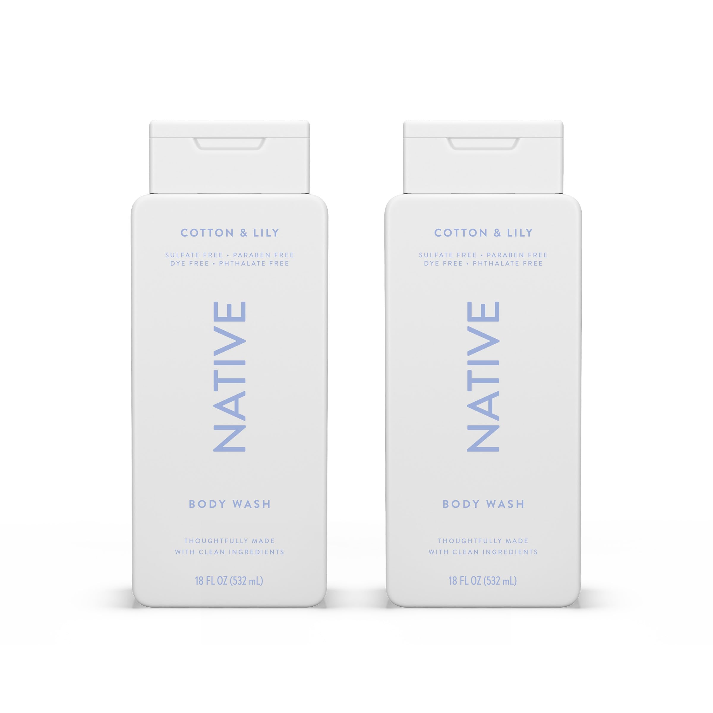 Native Cotton & Lily body wash bottle shows refreshing cleanse and skin-softening formula.