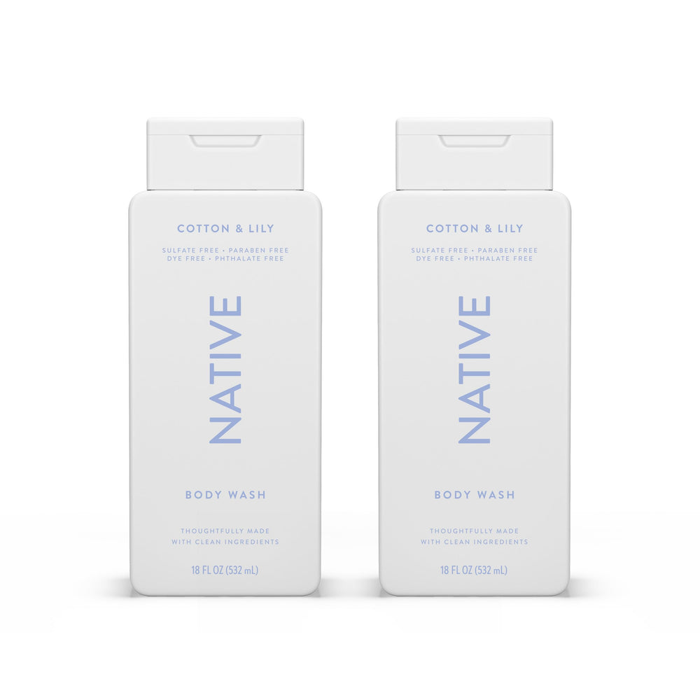 Native Cotton & Lily body wash bottle shows refreshing cleanse and skin-softening formula.