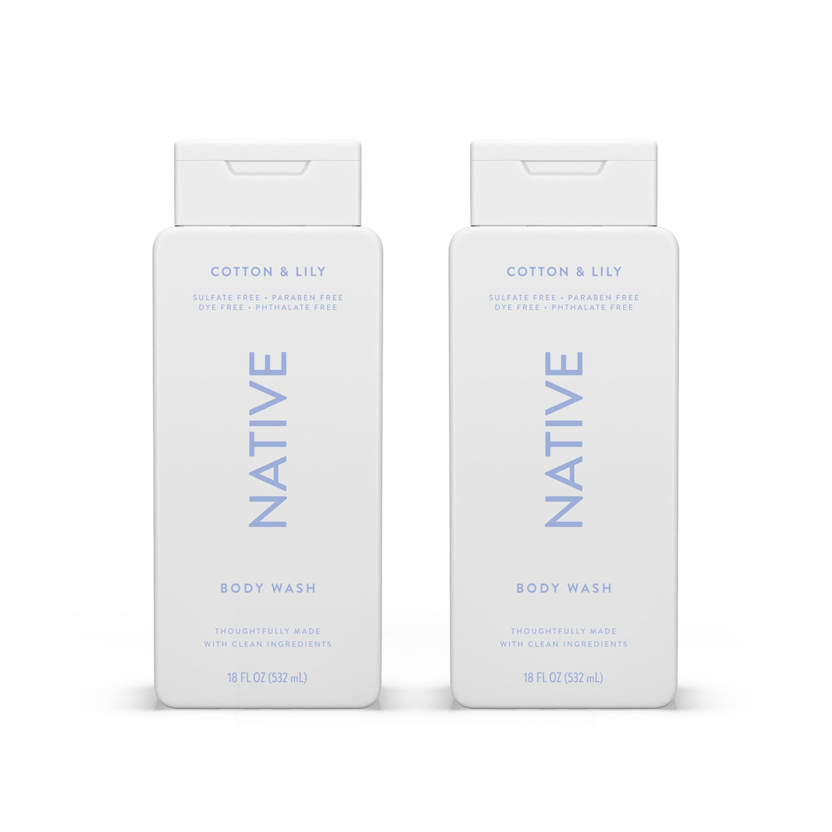 Native Cotton & Lily body wash bottle shows refreshing cleanse and skin-softening formula.