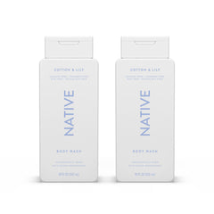 Native Cotton & Lily body wash bottle shows refreshing cleanse and skin-softening formula.