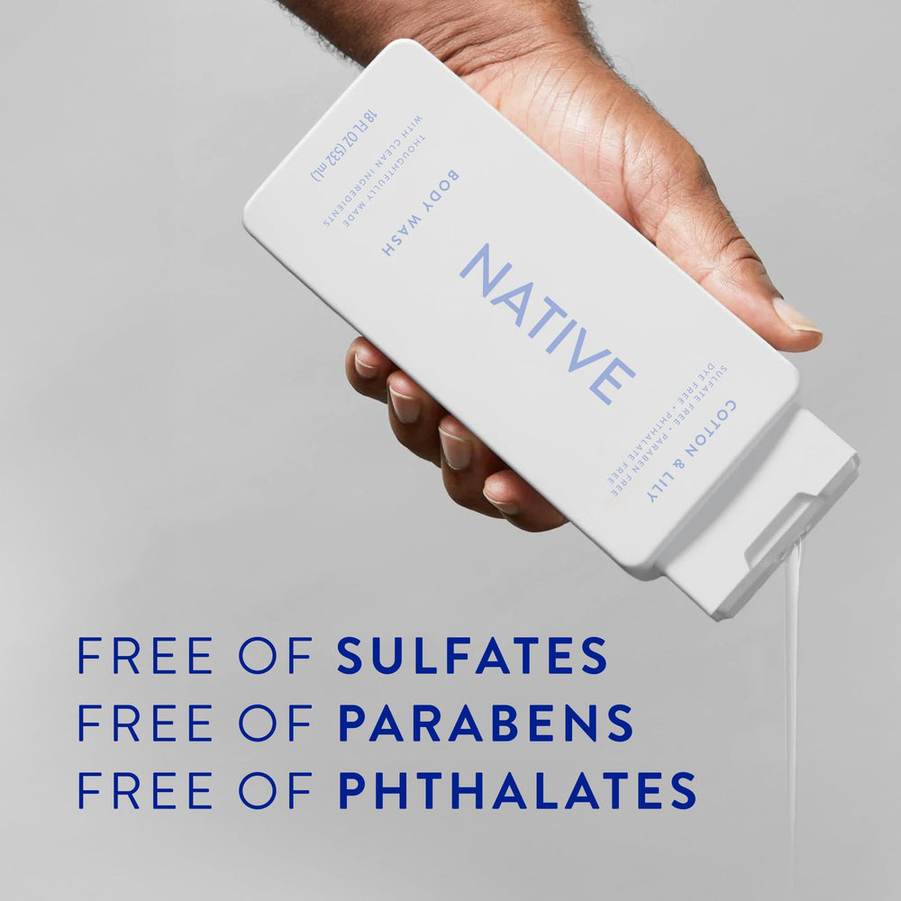 Native Cotton & Lily bottle pouring reveals hydrating, pH-friendly wash for all skin types.